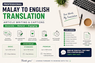 write articles, captions, and translate malay to english professionally