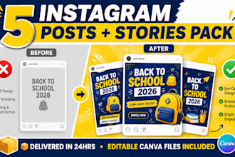 design 5 back to school instagram posts and stories pack for your brand