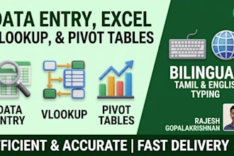 do professional data entry excel vlookup pivot english and tamil typing work