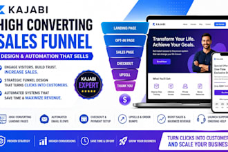 build kajabi sales funnel, landing page, website checkout page, email automation