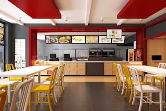 design fast food resturant seating plan and layout 3d render