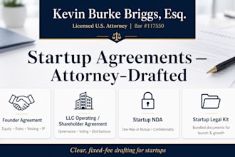 draft custom founder and cofounder agreement for  startup as startup attorney