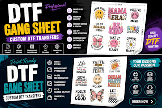 create a print ready custom dtf gang sheet for high quality dtf transfers