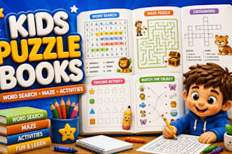 custom kids puzzle book, word search, maze book and activity book for amazon kdp