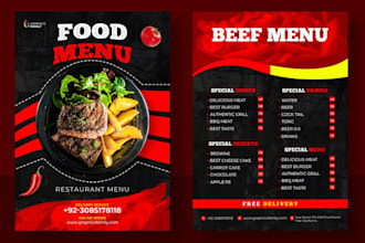 design a professional restaurant menu, food menu, and cafe menu