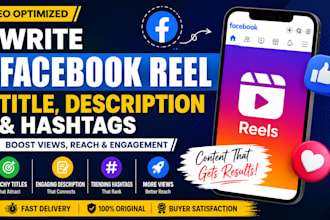 write SEO optimized facebook reel title description and hashtags