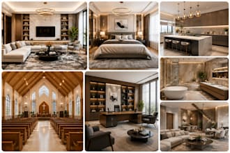 design stunning 3d interior for living room, bedroom, kitchen, bathroom, church