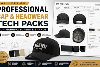 design professional cap, hat and headwear tech packs for manufacturers and brand