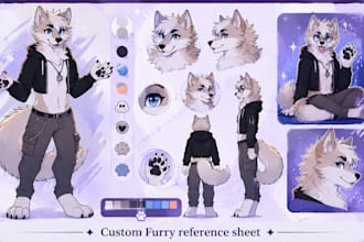 draw custom furry reference sheet, character design art, vtuber model sheet