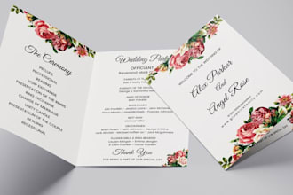 design a beautiful wedding program bi fold, ceremony booklet and wedding brochur