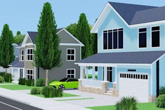 design 3d suburban house exterior, contemporary family home, residential estate