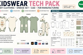 design clothing tech pack for kidswear onesie romper set cad for manufacturing