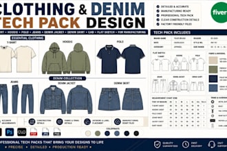 design clothing and denim tech pack cad flat sketch for manufacturing