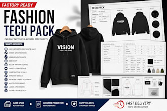 create fashion tech packs, cad flats and apparel spec sheets for manufacturing