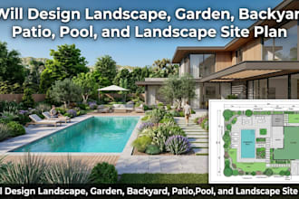 design landscape, garden, backyard, patio, pool, driveway, landscape site plan