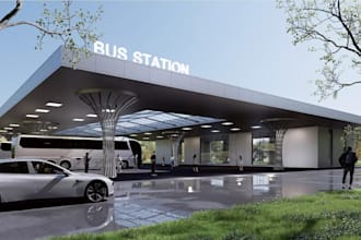 cgi render for bus terminal,ev charging station,3d transit garage,carport design