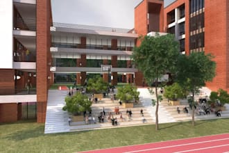 design 3d modern school campus exterior, educational building, basketball court