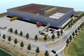 create realistic 3d industrial warehouse, factory, logistics space, data center