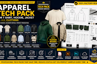 create apparel tech pack for t shirt, jackets, fashion brands, flat sketch