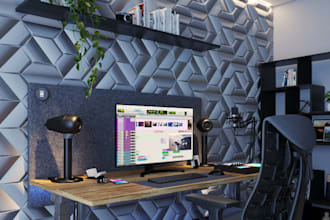 renovate 3d modern studio,podcast room,desk studio setup, functional home office
