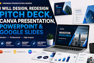 design, redesign pitch deck, canva presentation,  powerpoint and google slides