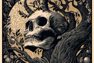 make detailed dark art with woodcut or linocut style