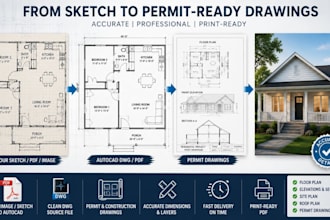 redraw floor plan from pdf, sketch, image to autocad revit dwg permit blueprints
