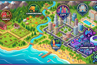 design isometric interactive maps for city hotel ranch campground beach gaming