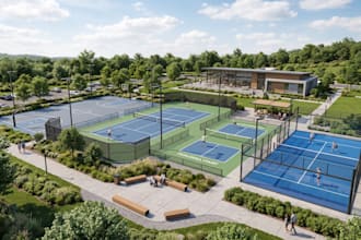 design sport field, baskrtball court, pickleball court,  paddle court, tennis