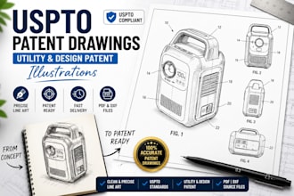 draw uspto patent drawing, utility patent figures and design patent illustration