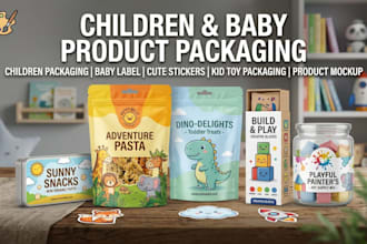 design playful logo, kid children toy product packaging, cute baby sticker label