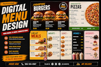 design digital menu, restaurant menu board, TV menu, and animated menu