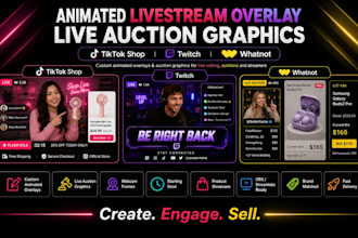 design animated livestream overlay live auction graphics whatnot, twitch emotes