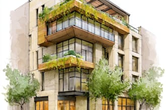 sketch architecture building with watercolor rendering