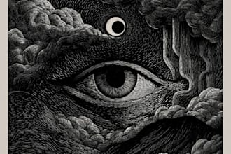 make detailed dark art with woodcut or linocut style