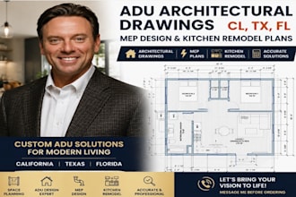 architectural design ca,tx,fl adu construction drawings mep kitchen remodel plan