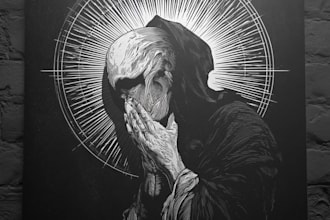 draw detailed dark art with woodcut or linocut style