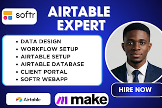 setup airtable database, airtable crm, softr client portal make com automation