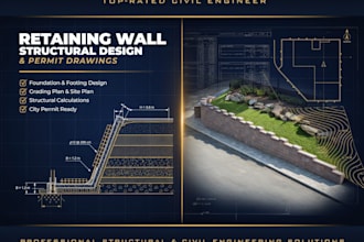 retaining wall, structural design beam, slab design, wall design, drainage plan