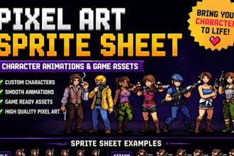 create pixel art sprite sheet, character animation and game assets
