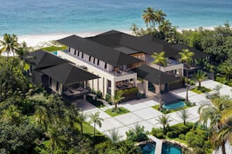 rebuild beachfront mansion, tropical villa exterior, open concept layout, v ray