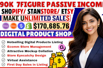 create 7figure shopify digital product store, etsy shop, stan store digital shop