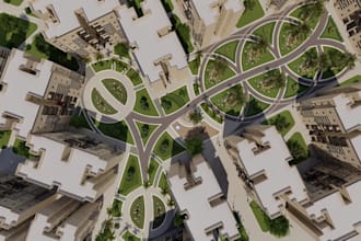 plan and render 3d site plan layout, mixed use building, cgi townhouse exterior