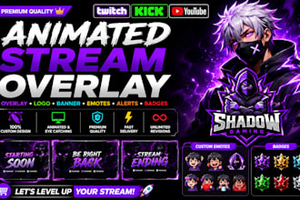 design animated twitch and kick stream overlay, logo, banner, emotes and alerts