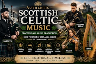 produce scottish celtic music with bagpipes,uilleann pipes, harp and violin