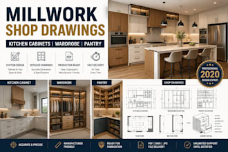 design millwork shop drawings, kitchen cabinets, wardrobe and pantry layouts
