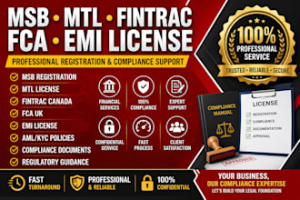 register msb, mtl, fintrac, fca, emi license with full compliance