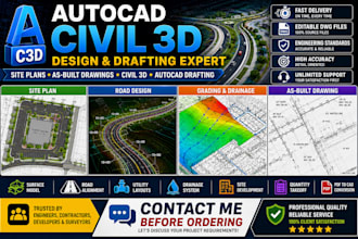 provide civil 3d design, autocad drafting, as built drawings and site plans