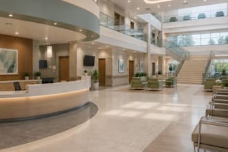 create photorealistic 3d hospital interior design, medical clinic