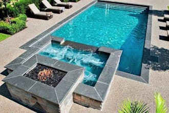 design a modern swimming pool, landscape, backyard, and outdoor living space